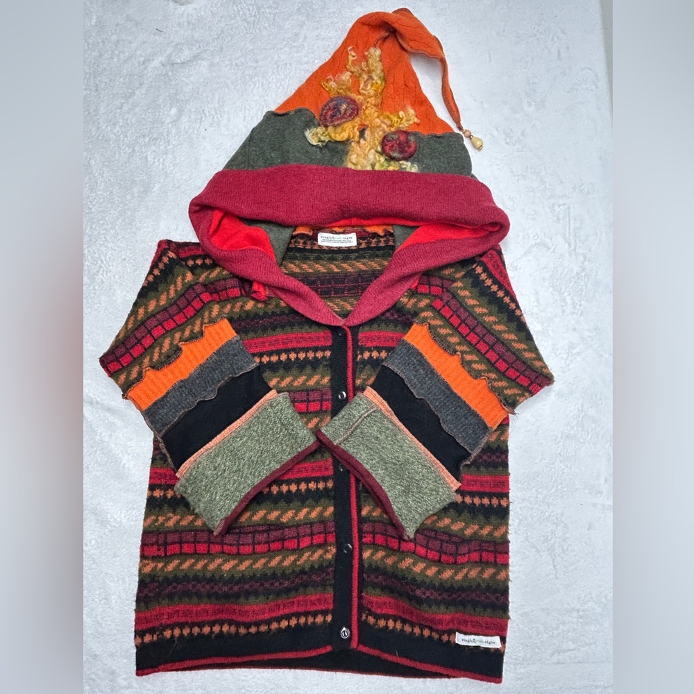 Rough Green Edges Boho Upcycled Whimsical Cardigan Sweater 100% Wool Size M/L
